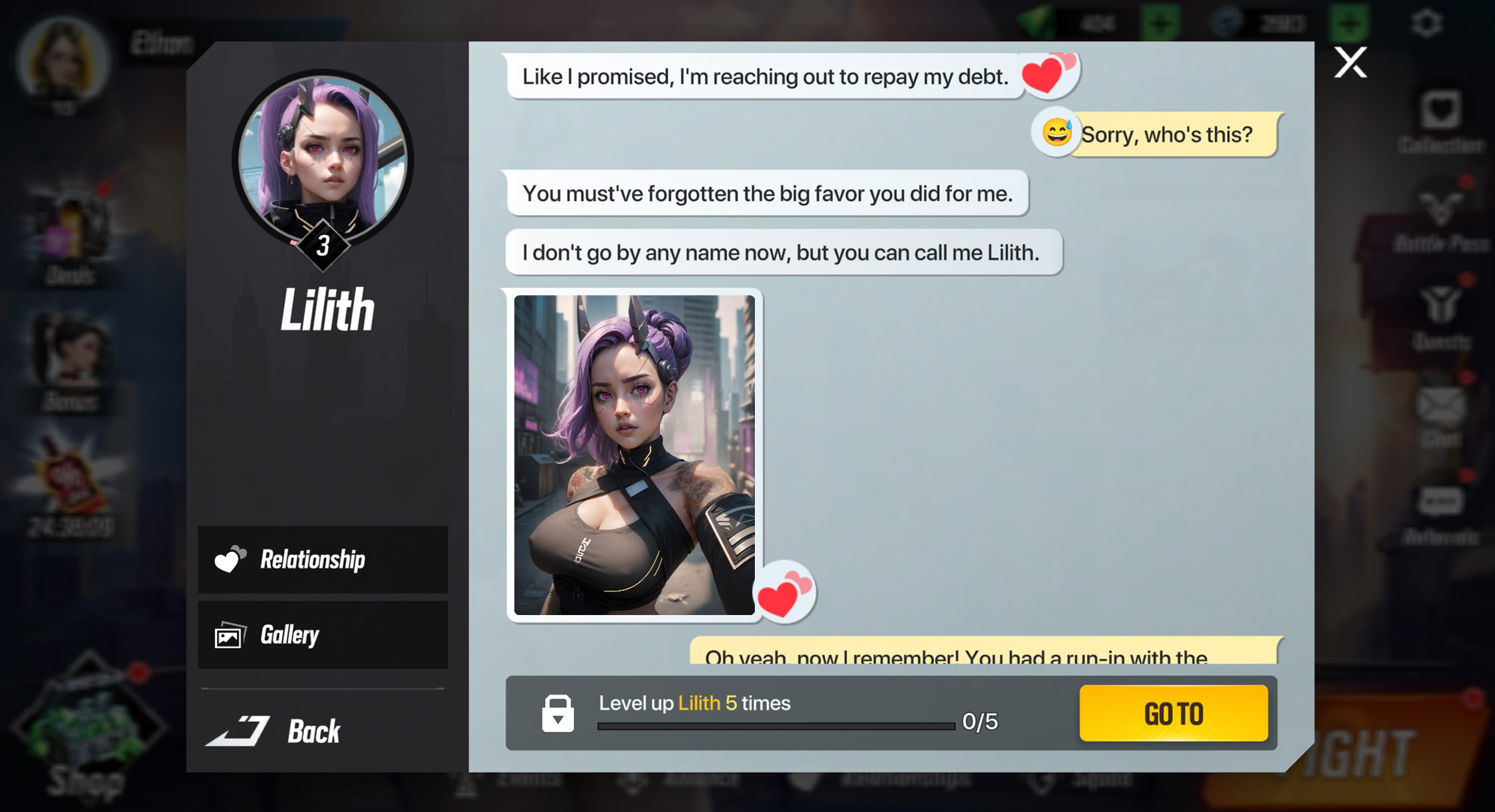 In-game dialogue interface with a character