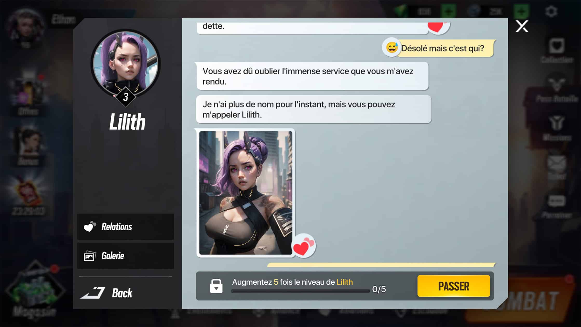 interface de dialogue dans le jeu avec un personnage