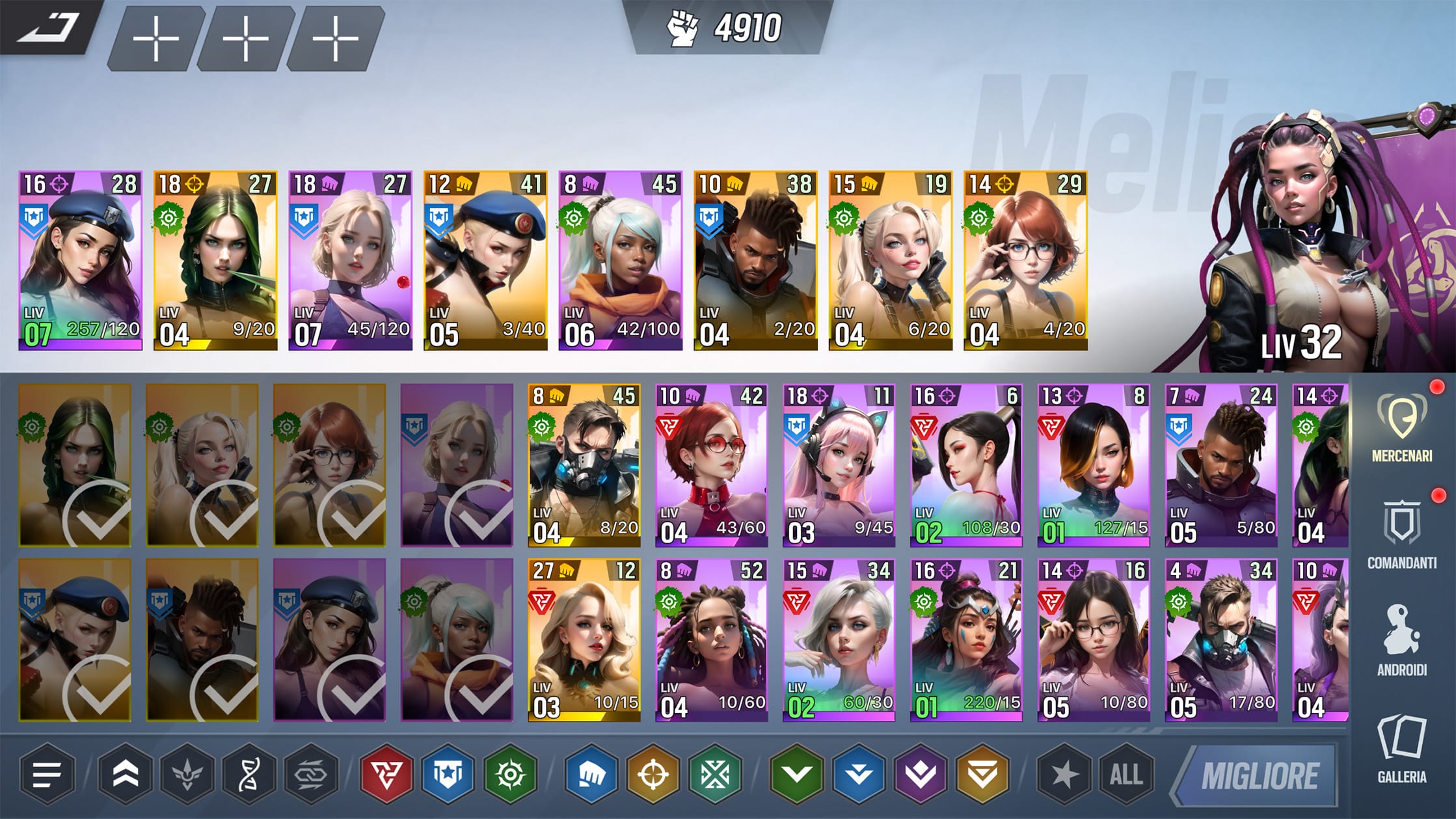schermata di selezione della squadra con diversi personaggi