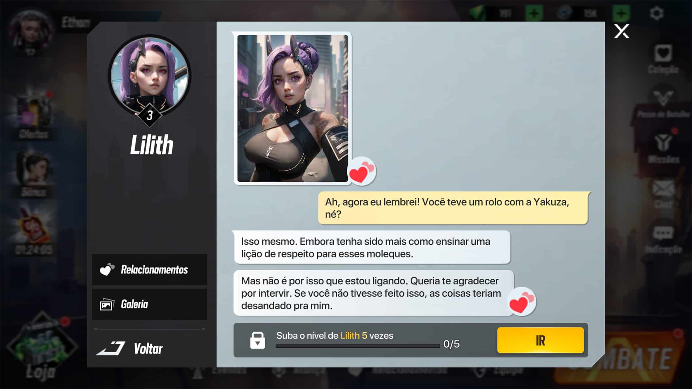 interface de diálogo no jogo com uma personagem